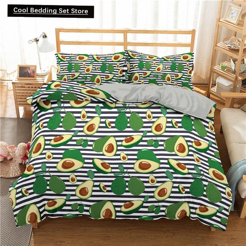 Green Avocado King Queen Duvet Cover Cartoon Avocados Bedding Set Fruits Quilt Cover Tropical Plant Polyester Comforter Cover