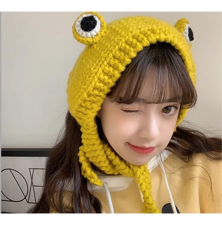 

Autumn And Winter Big Eyed Frog Hat Head Cover Handmade Ear Protection Hair With Hat Korean Version Green Cute Knitted Yarn жовтий