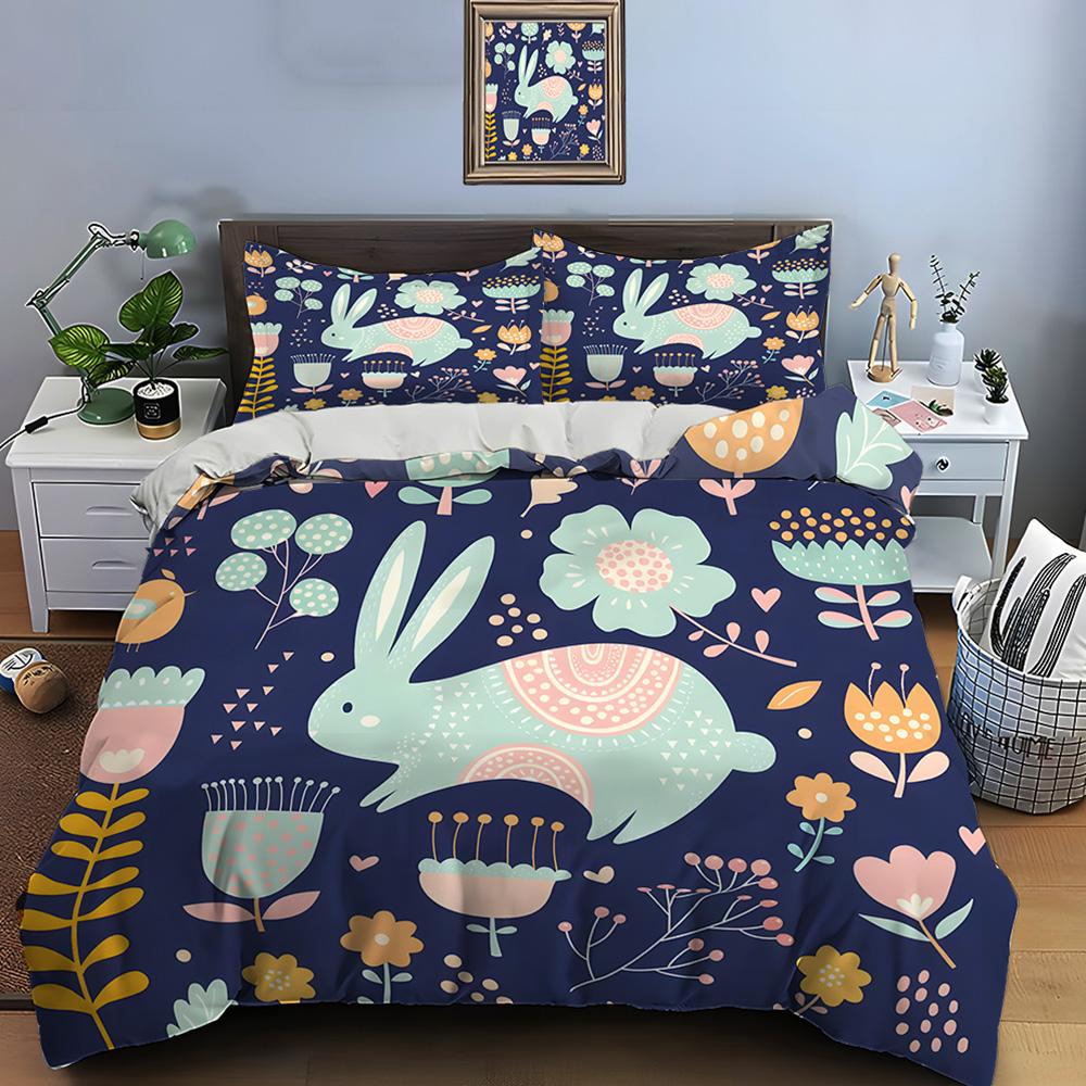Cute Hand-Drawn Rabbit And Floral Pattern Bedding Set 1 Duvet Cover 2 Pillowcases For Adult And Children Luxury Gift Full Size