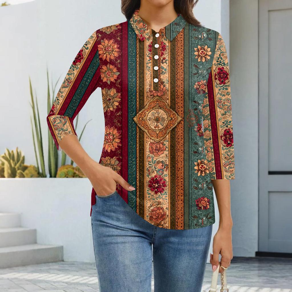 Dámská móda Ležérní klopa Krátký 3/4 rukáv Potisk Košile Dámské zapínací topy