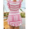 Foreign Trade Europe and America Fat Mm Vacation Sunscreen Top Pink and White Geometric Pattern Sexy Top V-neck Knotted Ruffle Edge Short Sleeve