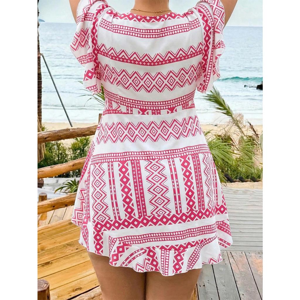 Foreign Trade Europe and America Fat Mm Vacation Sunscreen Top Pink and White Geometric Pattern Sexy Top V-neck Knotted Ruffle Edge Short Sleeve