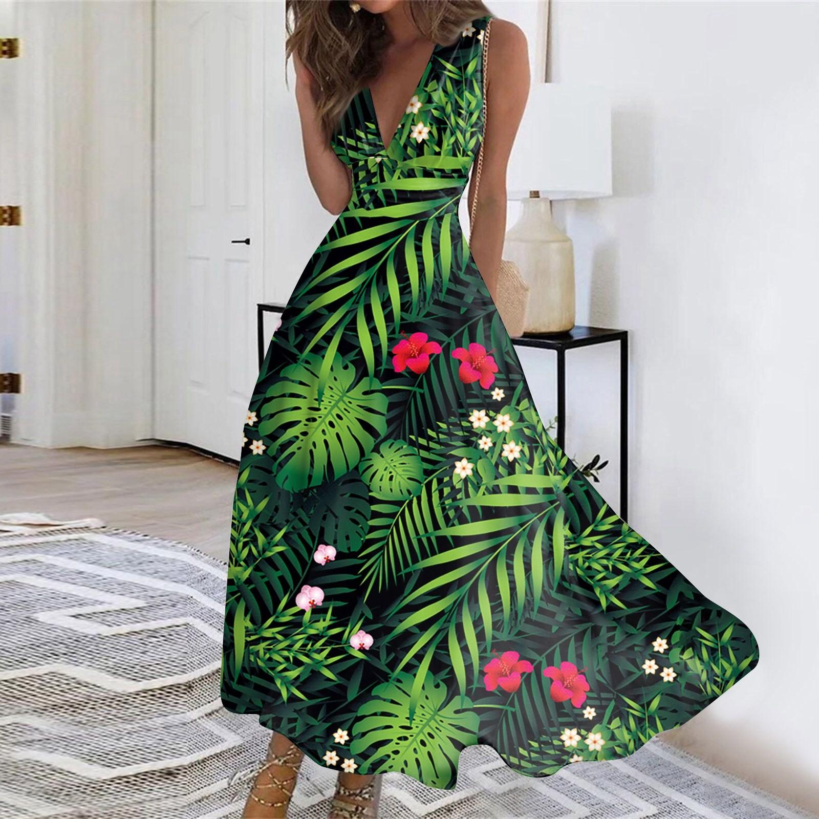 Women s Summer Fashion Hawaiian Print V-Neck Sleeveless Tunic Casual Dresses XL