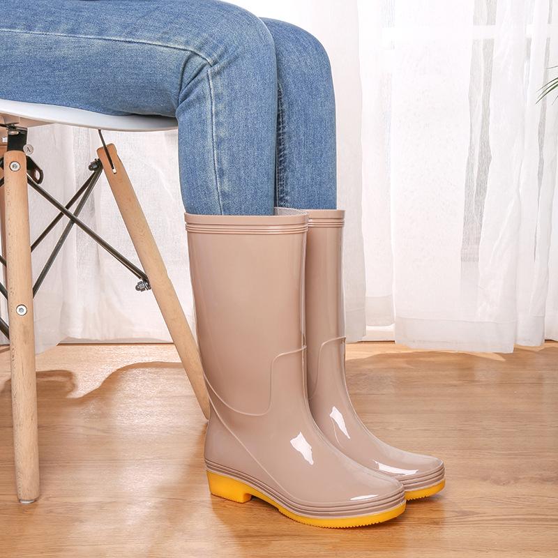 Water Shoes High Tube Rain Shoes Women's Long Rain Boots Beef Tendon Sole High Heel Velvet Waterproof Glue Shoes