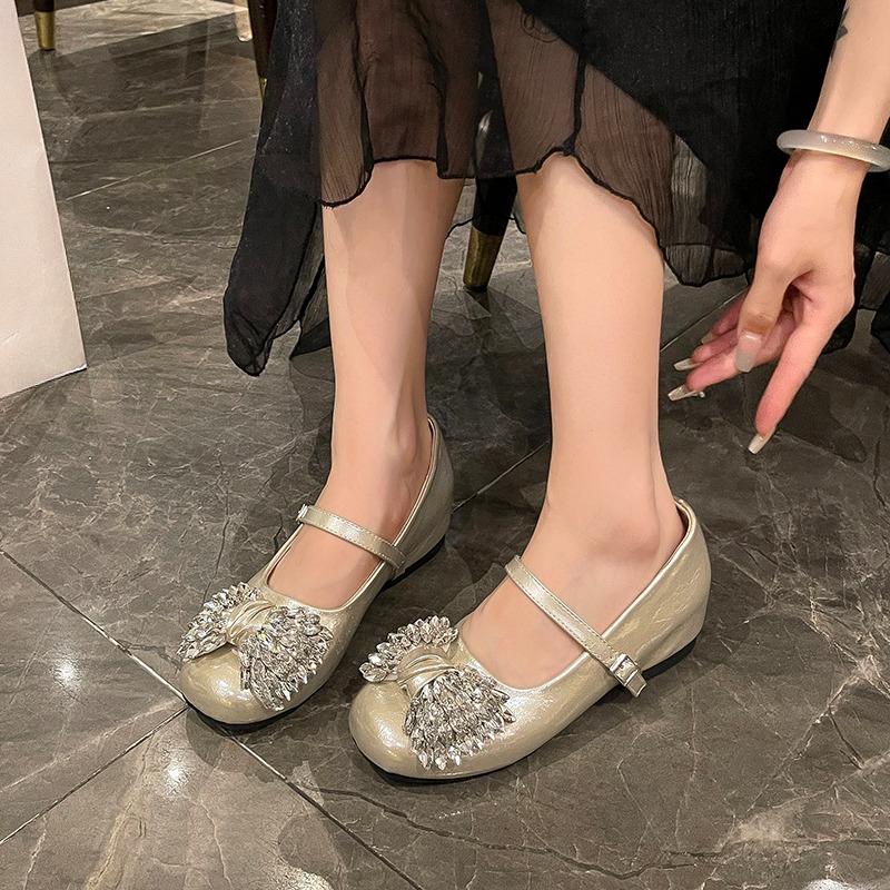 Inside Heightened Low Heel Single Shoes Women's Round Toe Shallow Slip Rhinestone Bow One Strap Soft Sole Low Top Shoes