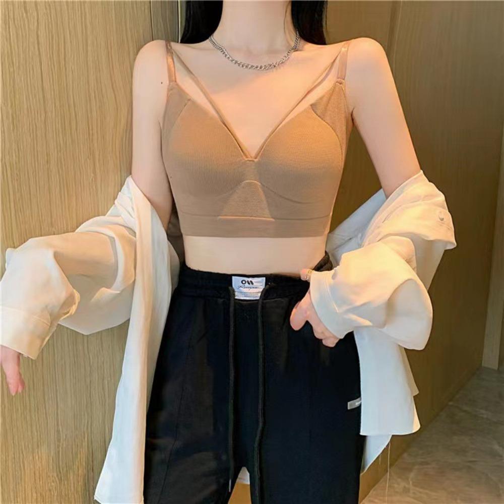 New One-piece Cup Careful Machine Double Shoulder Small Suspender Deep V Chest Wrap Vest Versatile Inner Wear Outer Wear Gather Tube Top Women