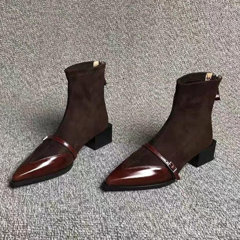 2025 New Patchwork Boots Autumn Women's Versatile Fashion Pointed Toe Thick Heel Niche Design Zipper Short Boots 35--40 Size