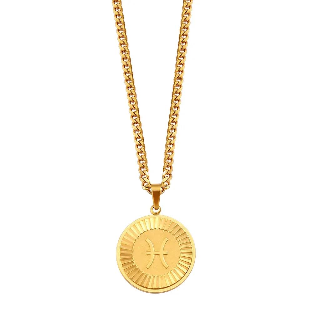 

Zodiac Sign Round Circl Pendant Necklace for Women 12 Constellation Symbols Stainless Steel Chain Necklace Fashion Jewelry Gift