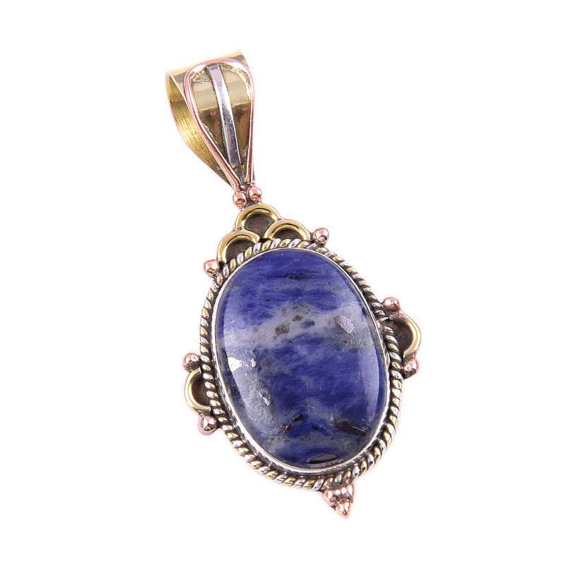 Natural Sodalite Gemstone 925 Solid Sterling Silver Two Tone Pendant 1.50" M1v75