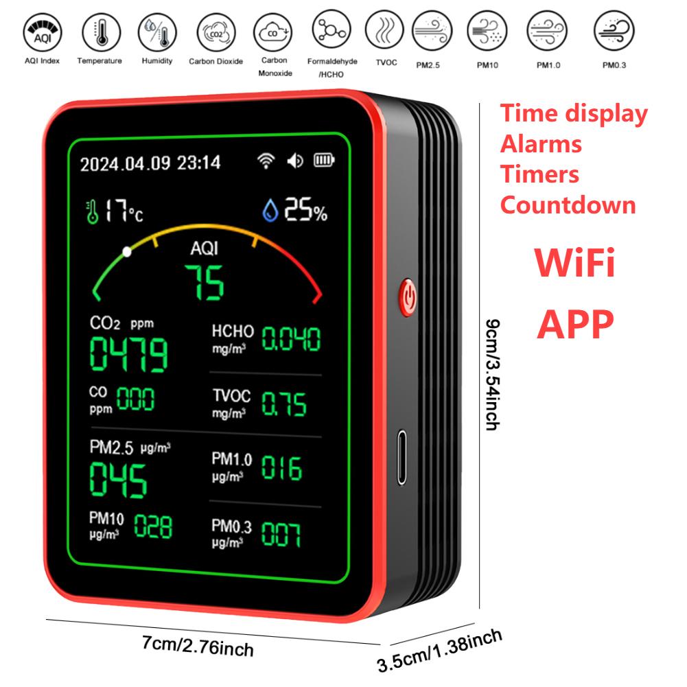 15-in-1 Indoor Air Quality Monitor Household CO CO2 TVOC HCHO Tester WiFi APP Control Portable AQI PM0.3 PM1.0 PM2.5 PM10 Tester