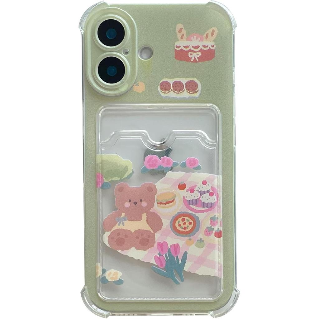 Cute Cartoon Bear Flowers Cake Wallet Card Slot Clear Soft Phone Case Compatible with iPhone Case (Clear,for iPhone 14 Plus)