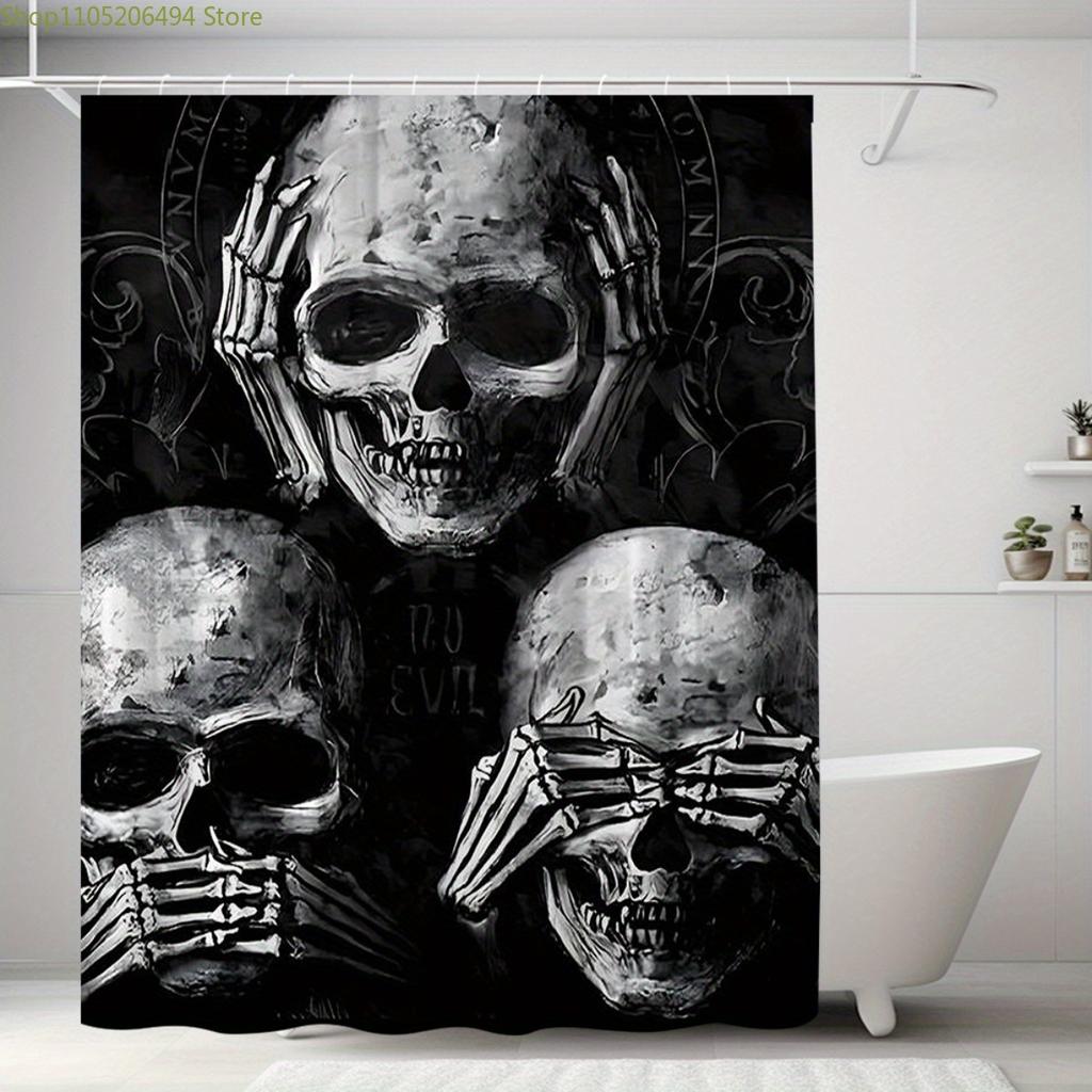 1pc Gothic Skull & Hand Design Shower Curtain - Extra Wide Polyester Bathroom Decor with Digital Print, Machine Washable, Blac