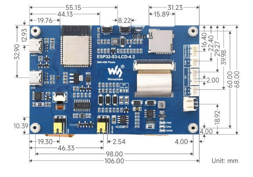 ESP32-S3 Dev Board with 4.3" Touchscreen, LX7 Dual-Core, WiFi & Bluetooth Support