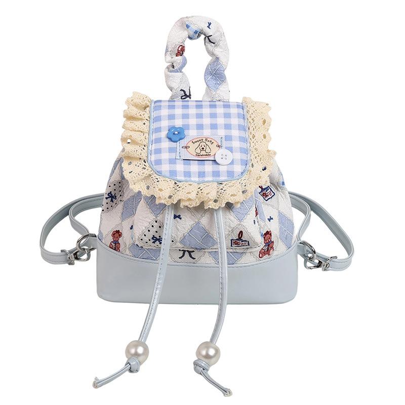 

Korean lace plaid small backpack bag for women 2025 new trendy summer leisure student commuting large-capacity backpack синій