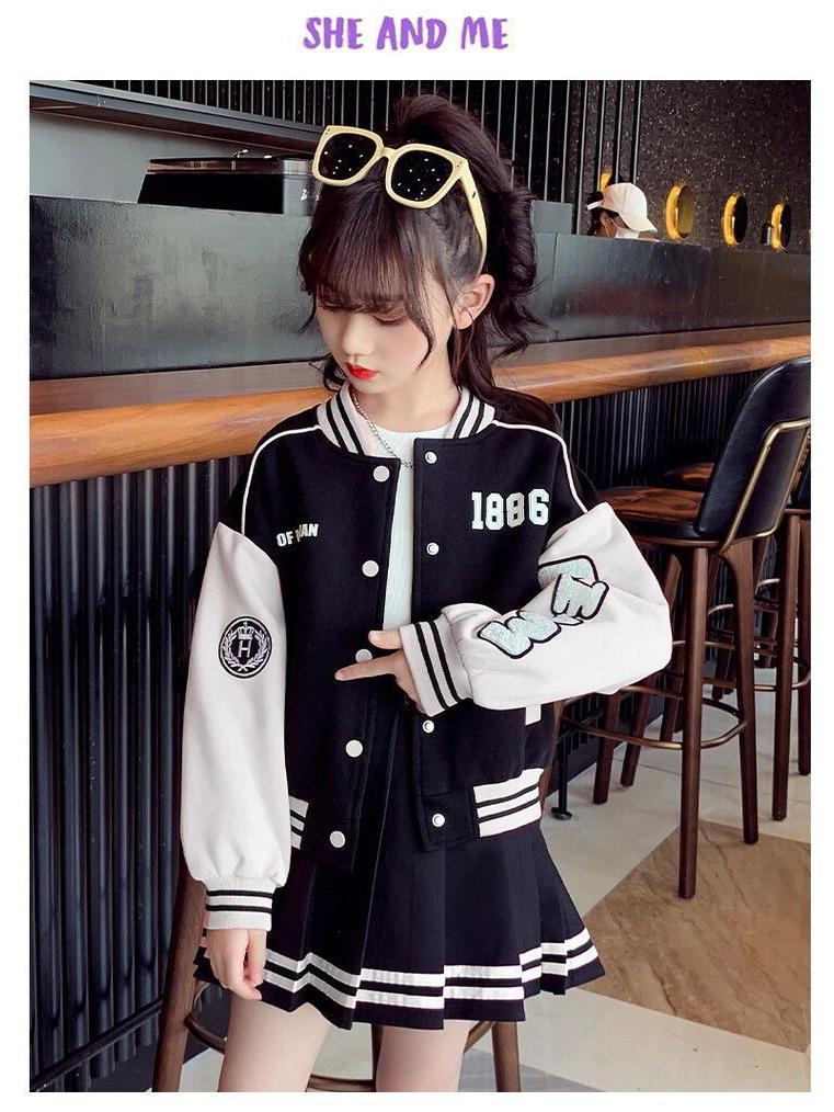 2024 Mädchen Koreanischer Stil Baseballjacke & Plisseerock Set - Frühling/Herbst Trendiges Zweiteiler für Große Kinder