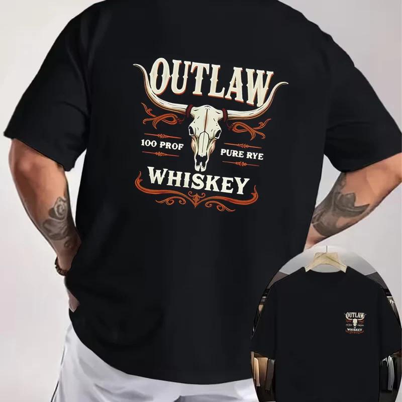 Outlaw Whiskey Western Whiskey Motorcycle Double Sided Print T-Shirt Men's Summer Short sleeve O-Neck Casual Tops