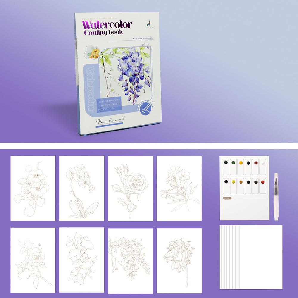 

Three fold watercolor coloring book with built-in pigments, adult decompression DIY portable coloring watercolor drawing book фиолетовый