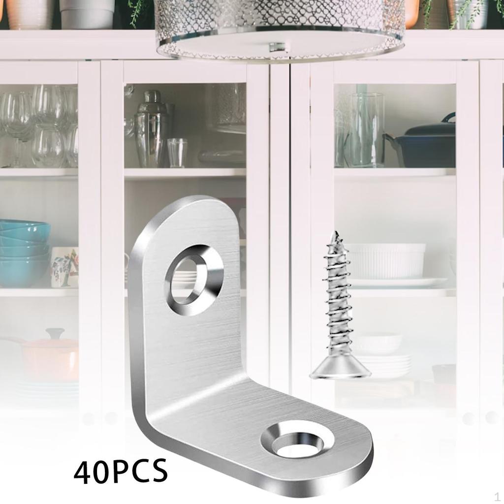 40 Pieces L Brackets Stainless Steel Corner with Screws Angle Set for Wood Cabinet