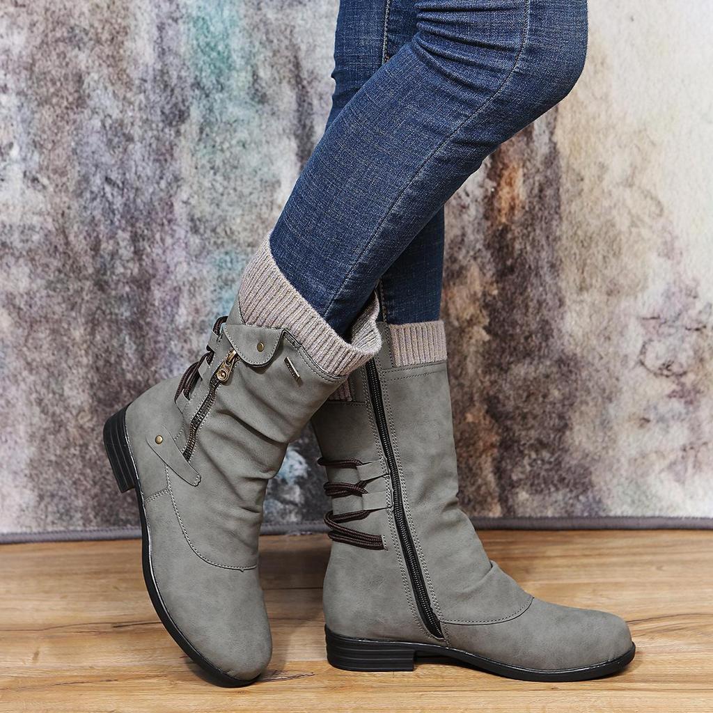 2021 Autumn/Winter Women's Plus Size Leather Boots, Round Toe with Wool Trim and Side Zip