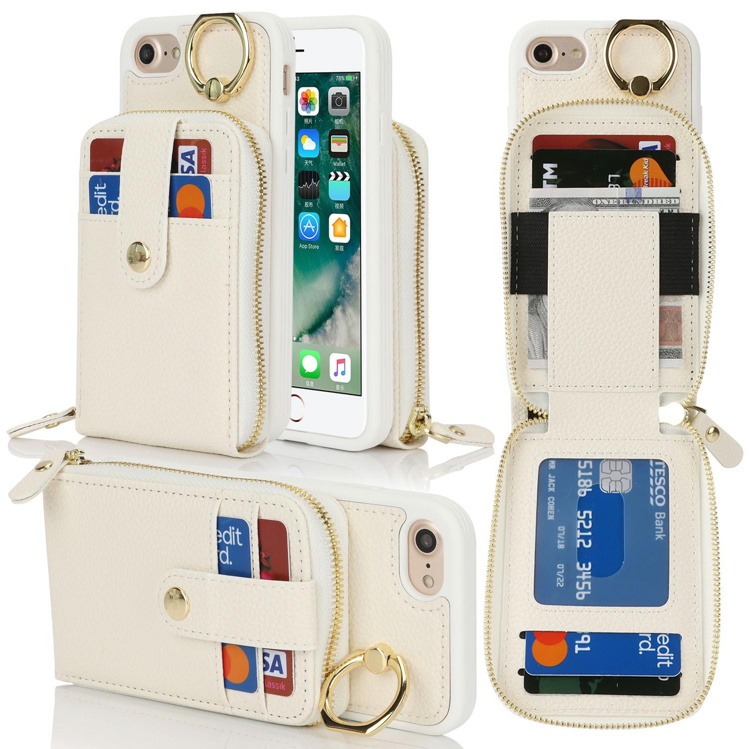 

For iPhone SE (2022)/(2020)/8/7 Case with Zipper Pouch/Ring Kickstand/Strap Litchi Texture PU+TPU Phone Cover White