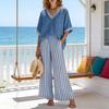 Summer Two Piece Outfit for Women Striped Short Sleeve V Neck Top And Wide Leg Pants Set with Pockets Casual Vacation Lounge Sets