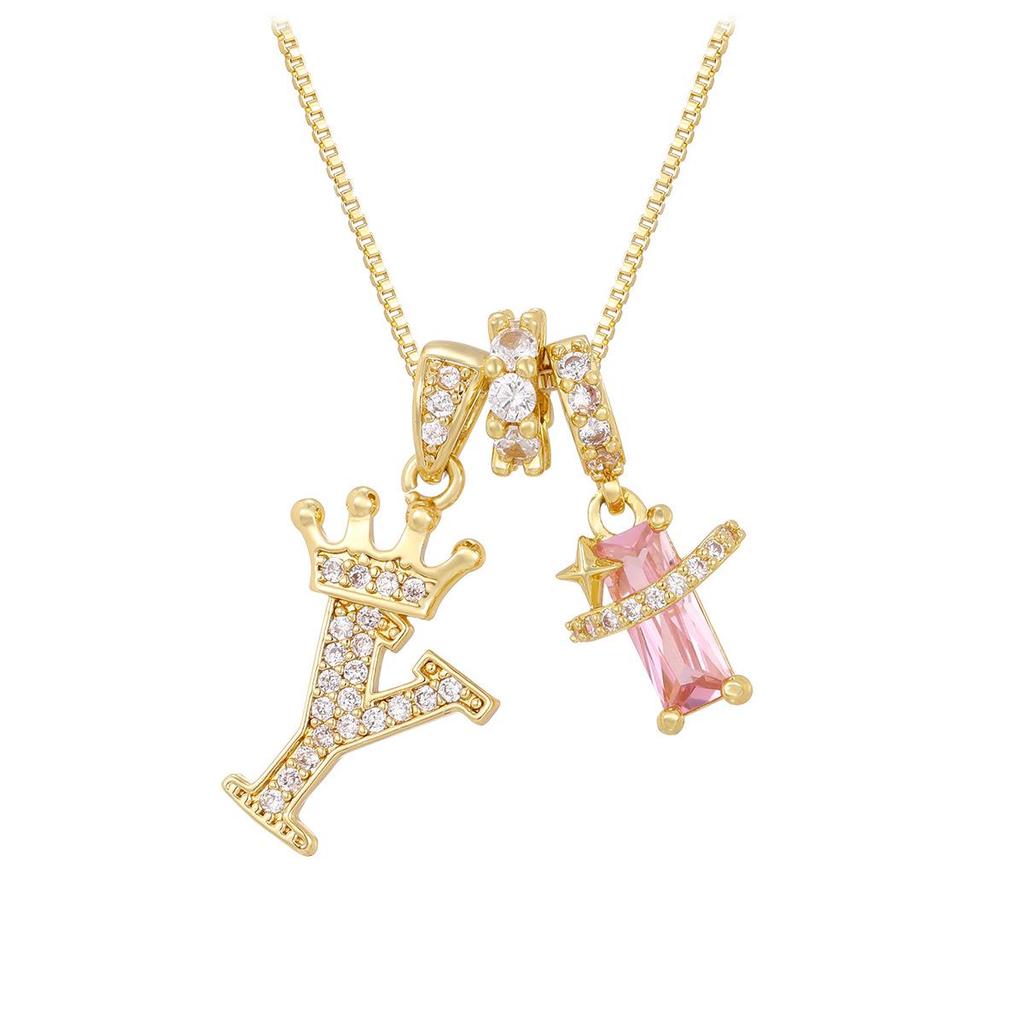 Copper Zirconia Letter Necklace with Gold-Plated Crown Pendant – Fashionable 26-Letter Accessory