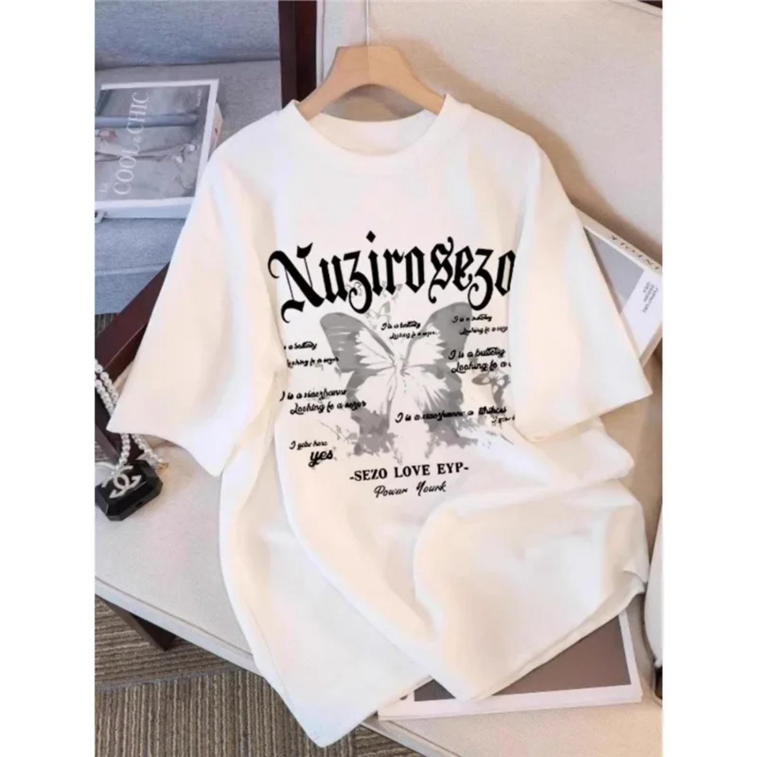 

Butterfly Print Short Sleeve T-Shirt Women s Fashionable Versatile Large Size Top Korean Style Cotton Crew Neck Tee Summer New A XXXXXL білий