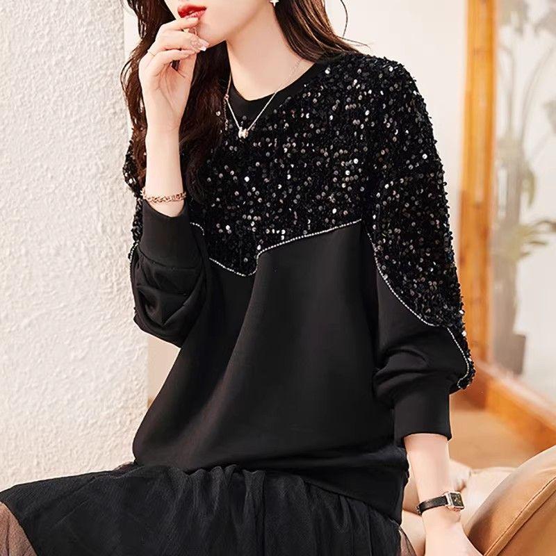 Autumn Winter New Style Sequin Splicing Western Style Sweatshirt for Women 2025 New Top