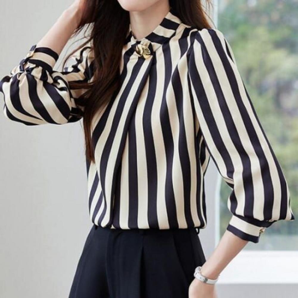 Navava Women Vintage Stripe Stand Collar Long Sleeve Blouse Nb3003