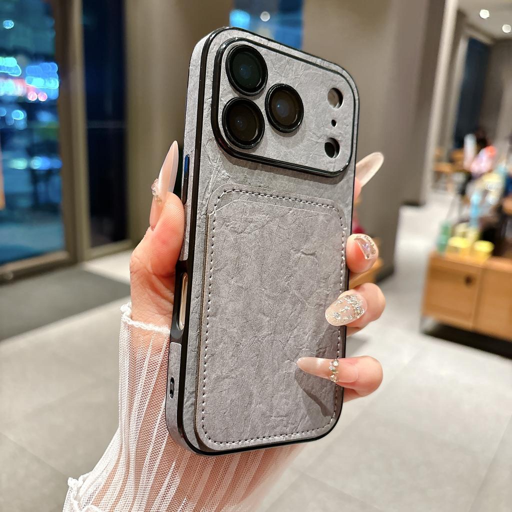 Large Window Wrinkle Texture Card Slot Case For For Iphone 17 16 1 14 Plus 13 Pro Max Lens Protection Shockproof Matte Wallet Cover