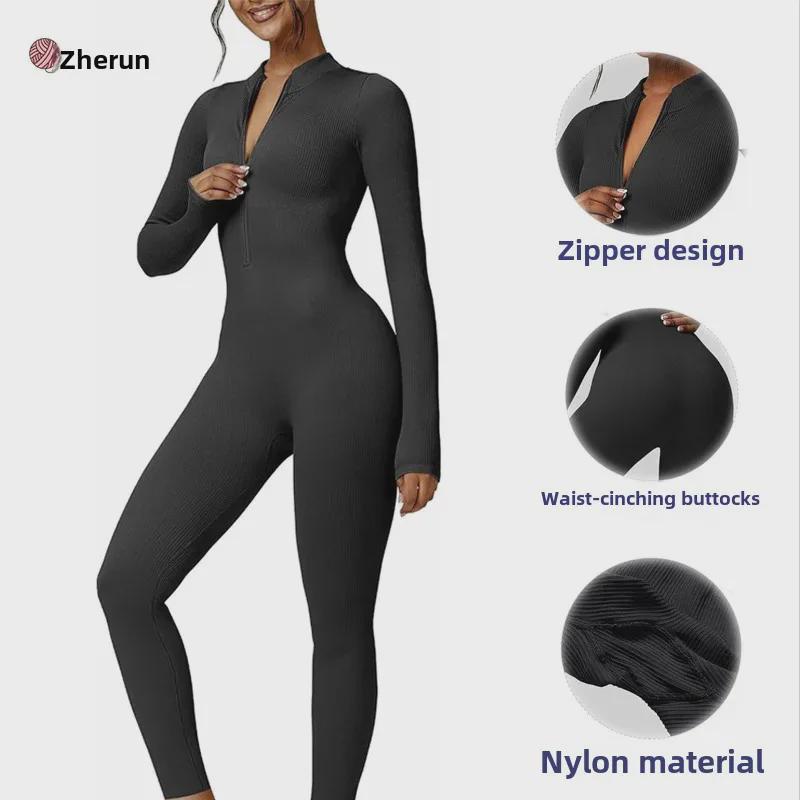 Tuta da yoga senza cuciture con zip, vita snellente e maniche lunghe
