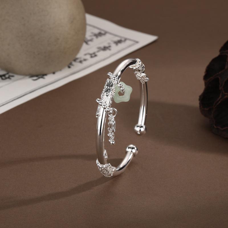 Prosperous Flowers Ping An Lock Women's Open Bracelet - Versatile, Elegant, New Chinese Style, Luxurious Design