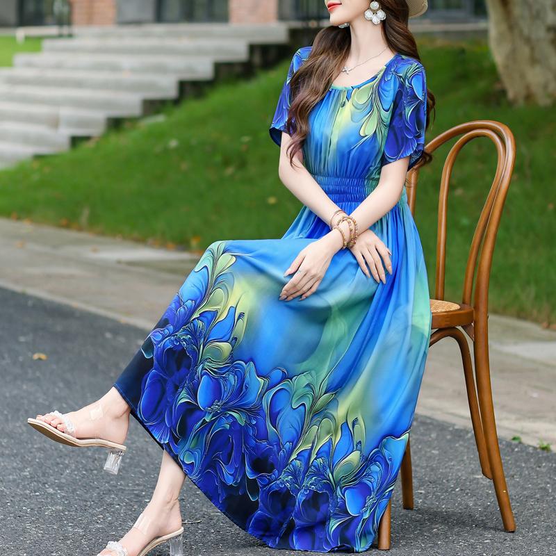 Elegantes Damenkleid Sommer Vintage Kleidung Lässig Kurzarm Lange Kleider