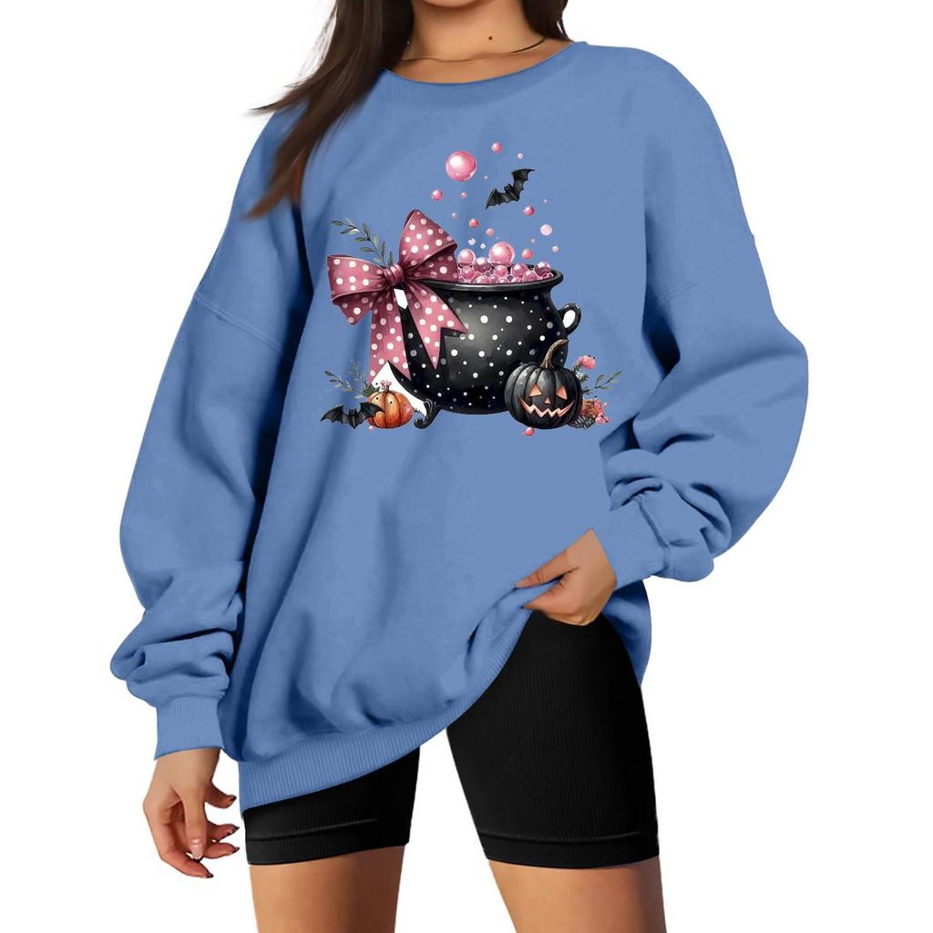 Women's Neck Long Sleeve Casual Loose Fit Sweatshirt Pullover with Color or Small Halloween Print