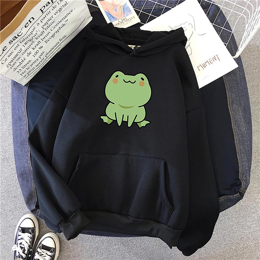 Women Frog Print Hoodie Ladies Candy Colored Long Sleeved Fleece Hooded Student Loose and Casual Top
