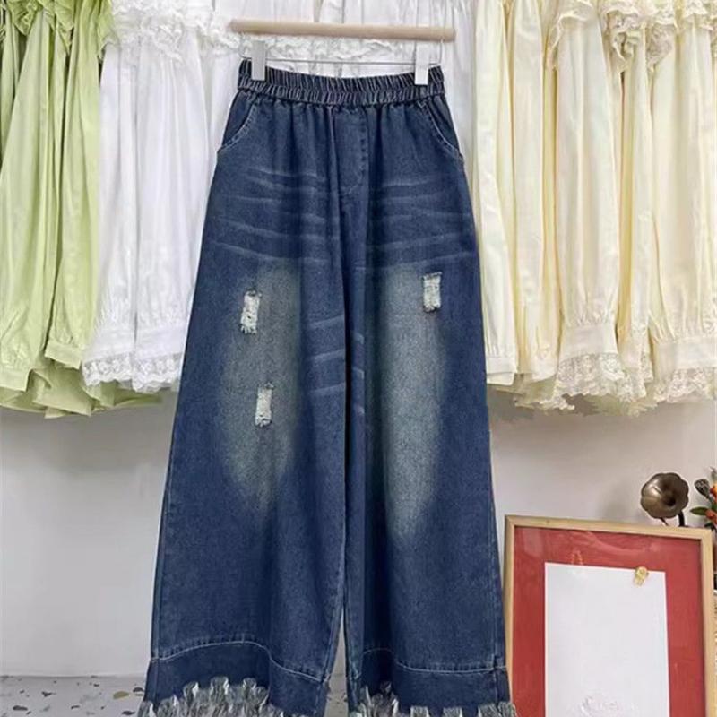 

MOJTA Women Spring Autumn Plus Size Tassel Jeans Casual Loose Pants Wide Leg Trousers 4XL [250-150kg] темно-синий