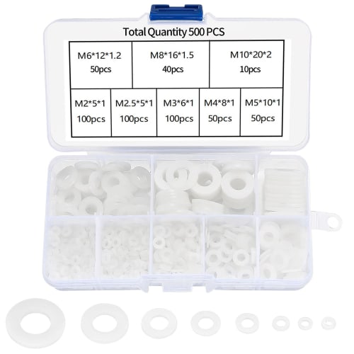 500-Piece Pack of Nylon Flat Washers, M2-M10 (M2, M2.5, M3, M4, M5, M6, M8, M10), Spacers, Flat Washers, Insulated Nylon, Anti-Level Washers, Convenie