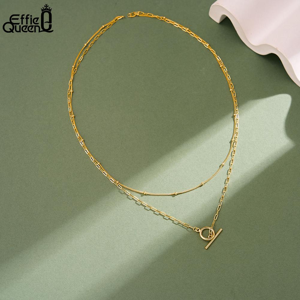 EFFIE QUEEN 925 Pure Silver Beads Chain Double Layered Choker Necklace Paperclip Chain Neck with O Pendant Jewelry Party BQN47