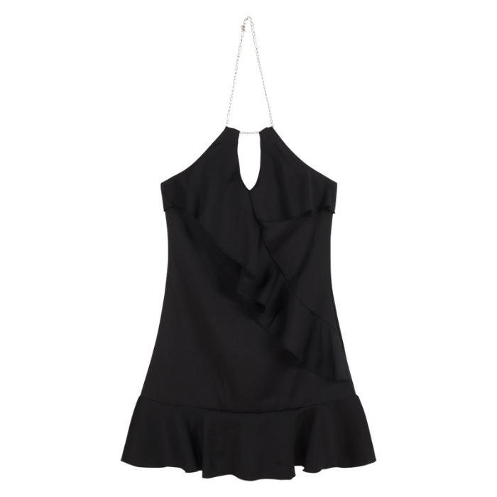 Hepburn Spice Girl Niche Chain Neck Suspender Dress Women's Summer Small Black Dress Off-Shoulder Lotus Short Skirt