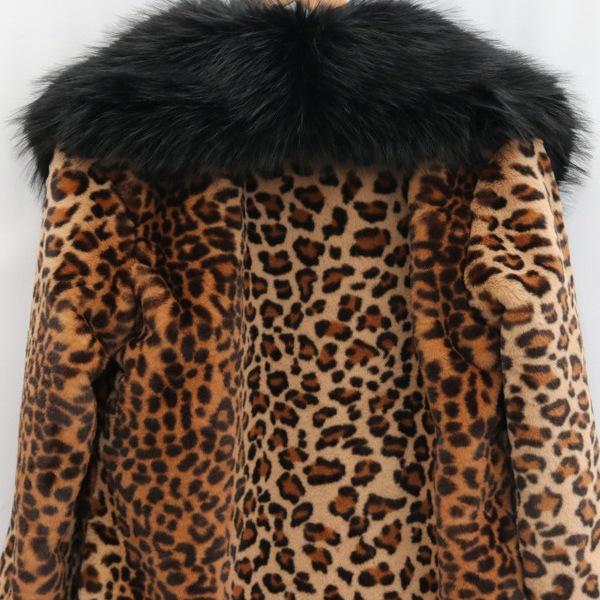 Women's Plus Size Leopard Print Faux Fur Coat with Large Fox Fur Collar - Winter Windbreaker