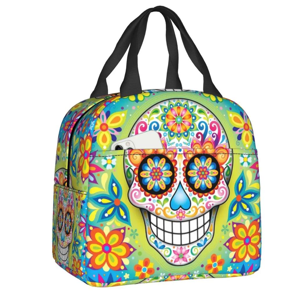 Mexican Sugar Skull Day Of The Dead Art Insulated Lunch Bags Women Resuable Thermal Cooler Food Lunch Box Outdoor Camping Travel