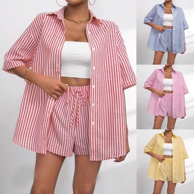 2025 Summer Lapel Casual Striped Short-sleeved Pants Two-piece Set