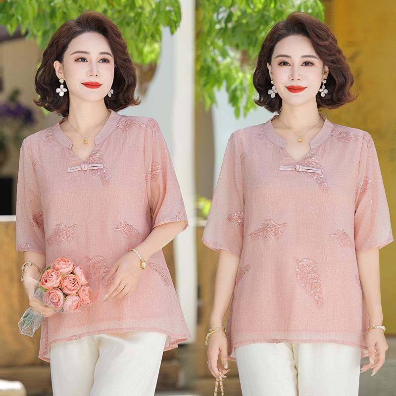 

Stylish 2026 Summer Chinese-Style Top & Wide-Leg Pants Set for Middle-Aged Women 5XL (recommended 150-165 jin) рожевий