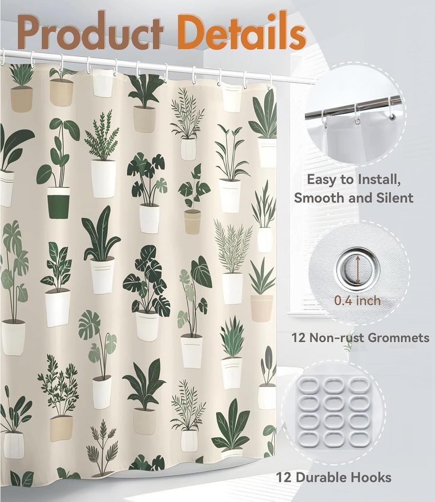 Potted Plants Pattern Shower Curtain 160X180Cm Botanical Theme Bathroom Decor Nature Inspired