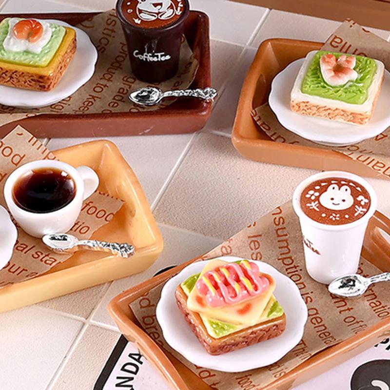 2set Pretend Play Toys 1/6 Scale Miniature Dollhouse Sumilation Mini Milk Tea Cake With Plate For Kid