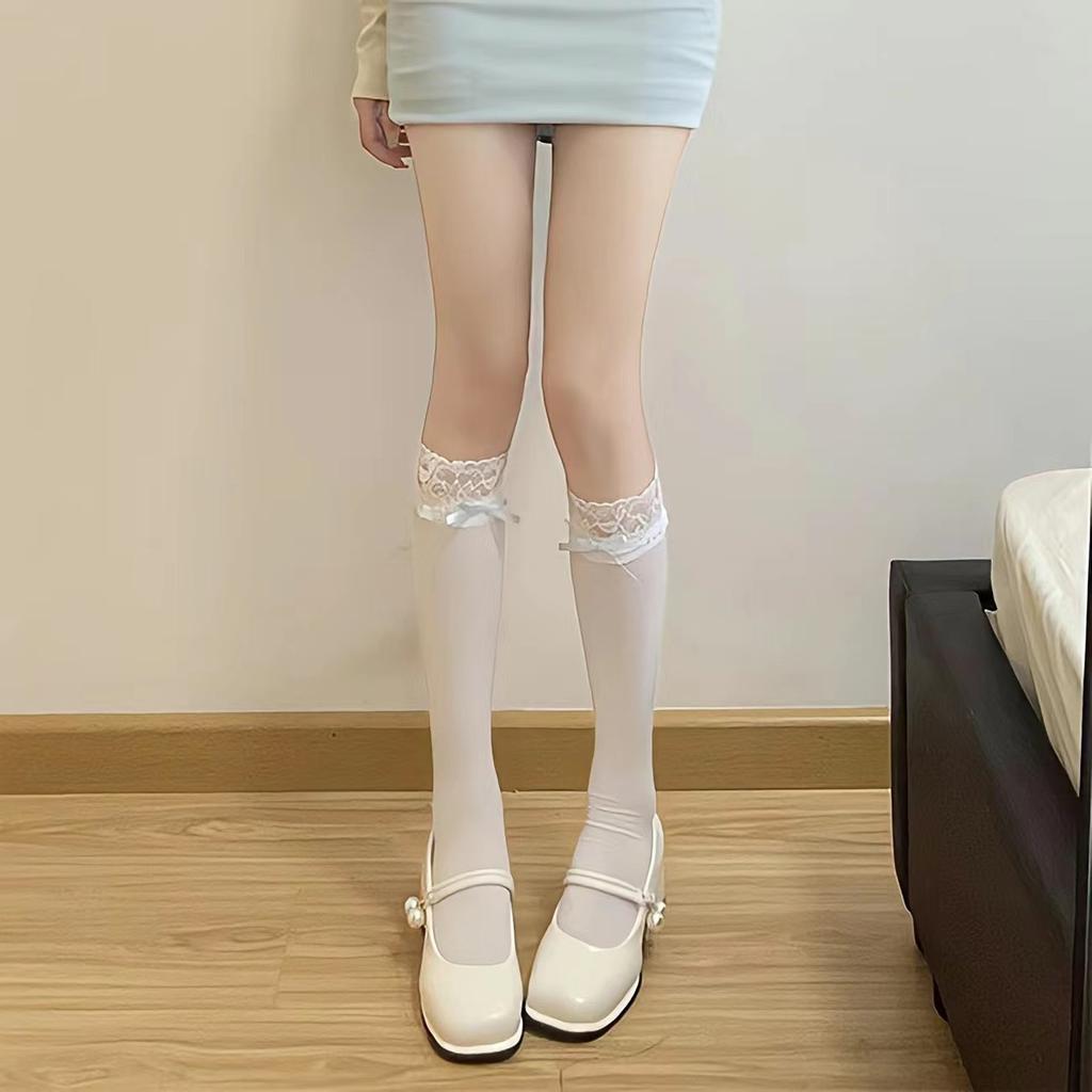 Lolita White Knee Socks Summer Thin Velvet High Thigh Socks Pure Lace Bow Stockings