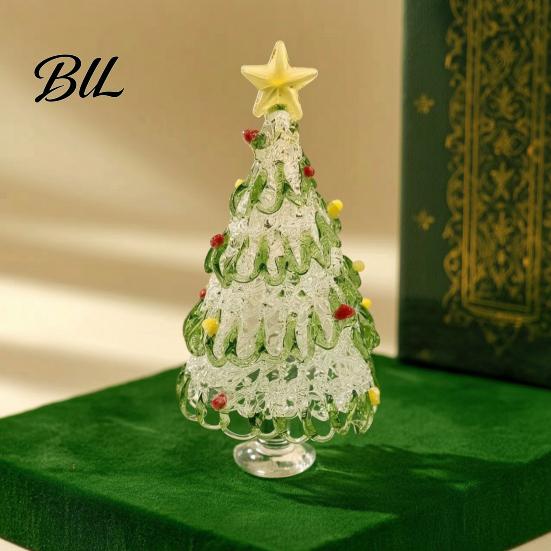Decorative Glass Sculpture Hand Blown Christmas Tree Figurine with Golen Star, Festive Desk Decoration Mini Xmas Ornament, Handmade Desktop