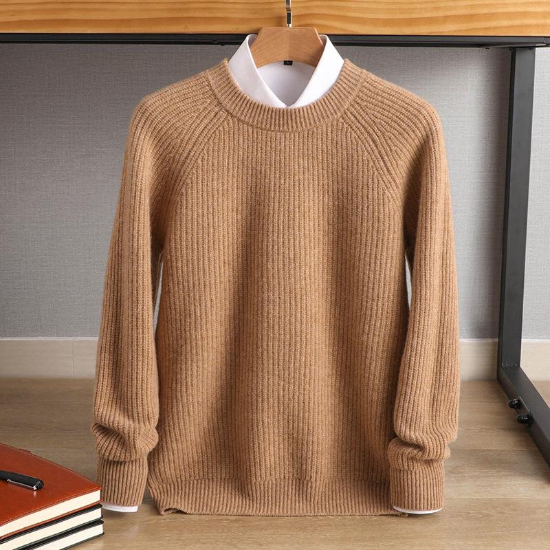 Men's Plus Size Crew Neck Wool Sweater - Autumn/Winter, Fine Stripe Raglan Sleeve, Loose Fit