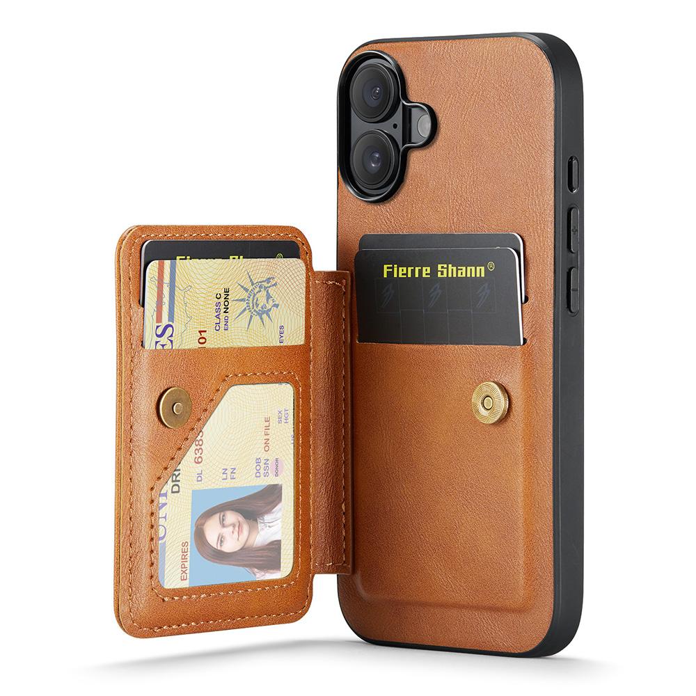 FIERRE SHANN 024 For iPhone 16 Case Card Holder Kickstand Waxy Texture Leather+TPU Phone Cover