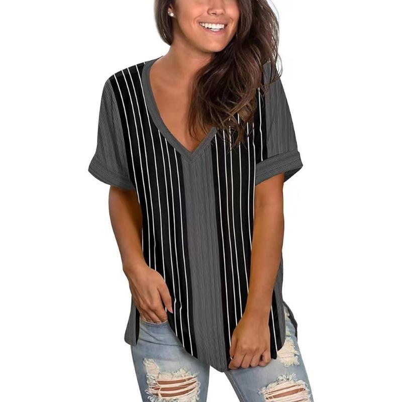 Summer V-neck 3D Stripe Printed Top Fashionable Casual Short Sleeved Women's T-shirts